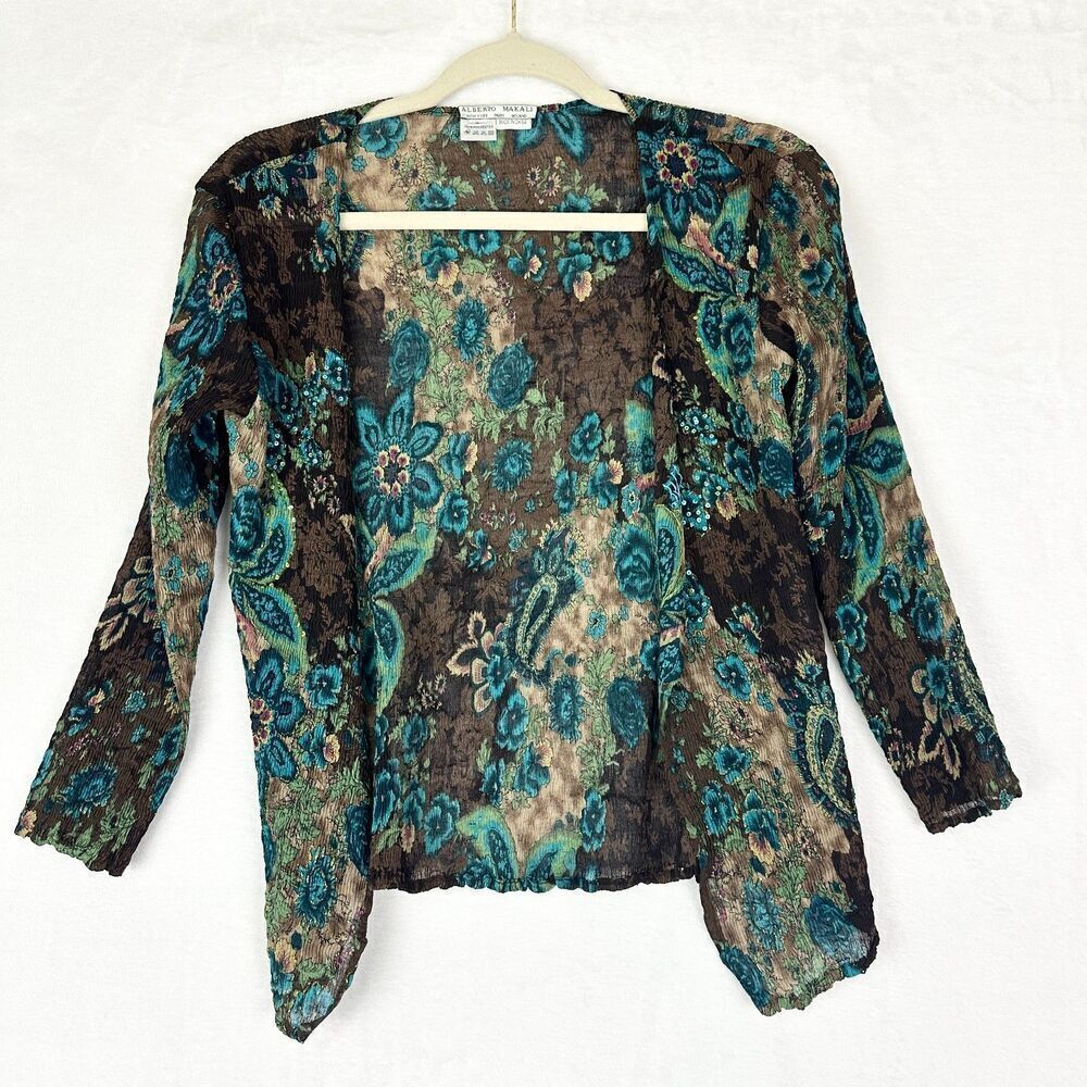 Vintage Y2K Alberto Makali Crinkle Cardigan Size Small Sequins Metallic Floral